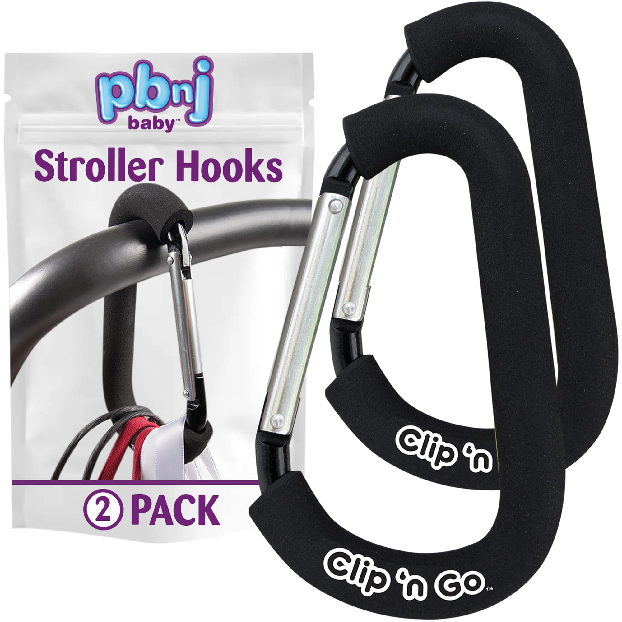 PBnJ Baby Stroller Hooks, Large Carabiner Clip, Diaper Bag Purse, 2 Pack | Extra