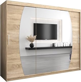 ABIKSMEBLE Elypse 250 Wardrobe with Three Sliding Doors for Bedroom – Modern Wardrobe with Mirror, Clothes Rack and Shelves – 250 x 200 x 62 cm – Sonoma