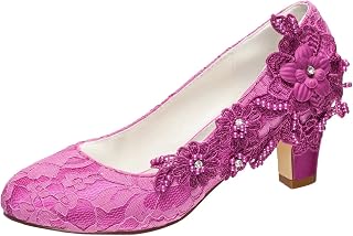 Women's Wedding Shoes Silk Satin as Thick Heel Pumps with Lace Flower Crystal Pearl