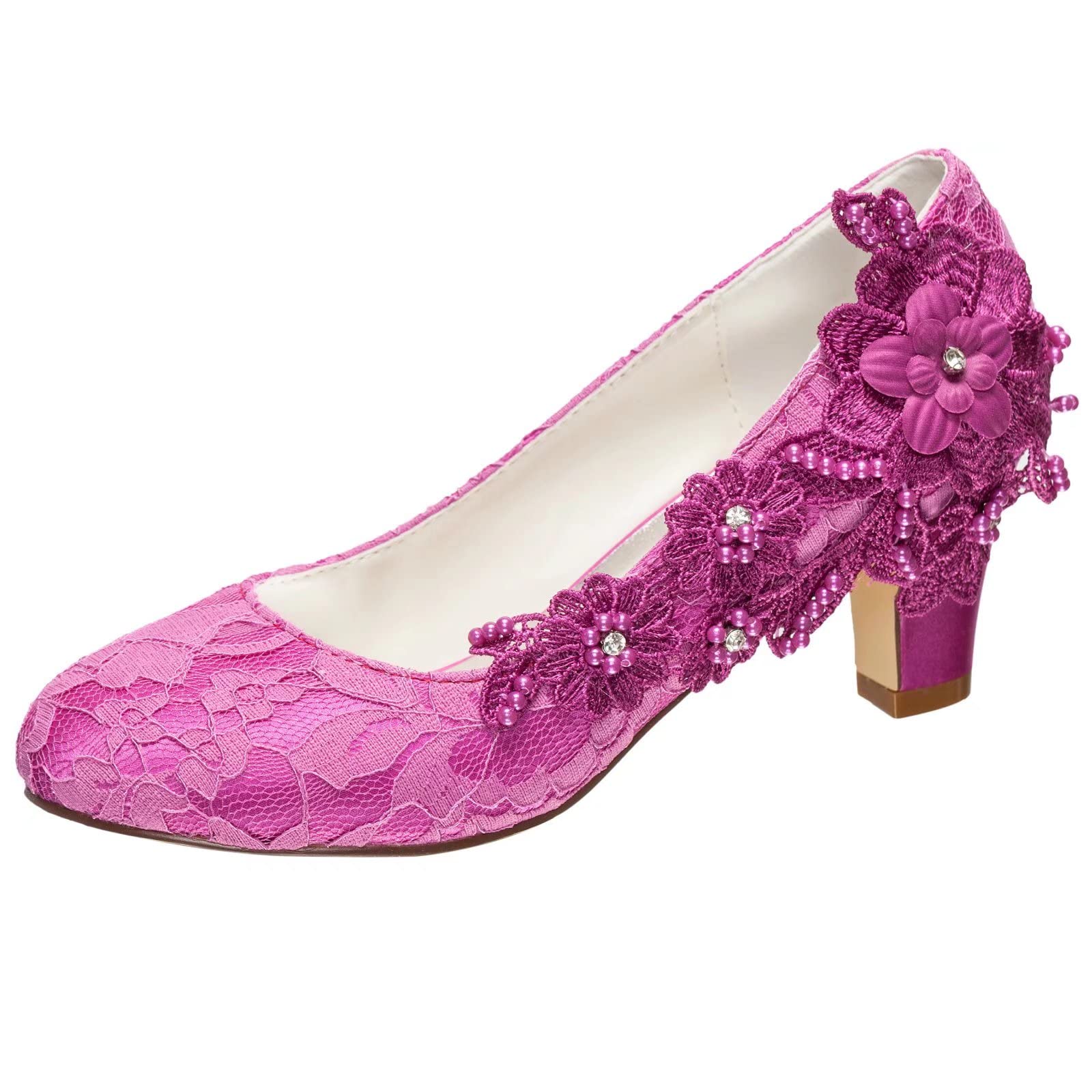 Women's Wedding Shoes Silk Satin as Thick Heel Pumps with Lace Flower Crystal Pe