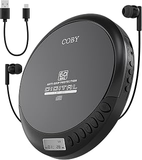 Coby Portable CD Player, 60 Second Anti Skip, FM Radio, CD Player for Car | CD-R/CD-RW/MP3 Playback, 2 AA or USB Power, Stereo Earbuds Included, Simple Buttons, Clear LCD