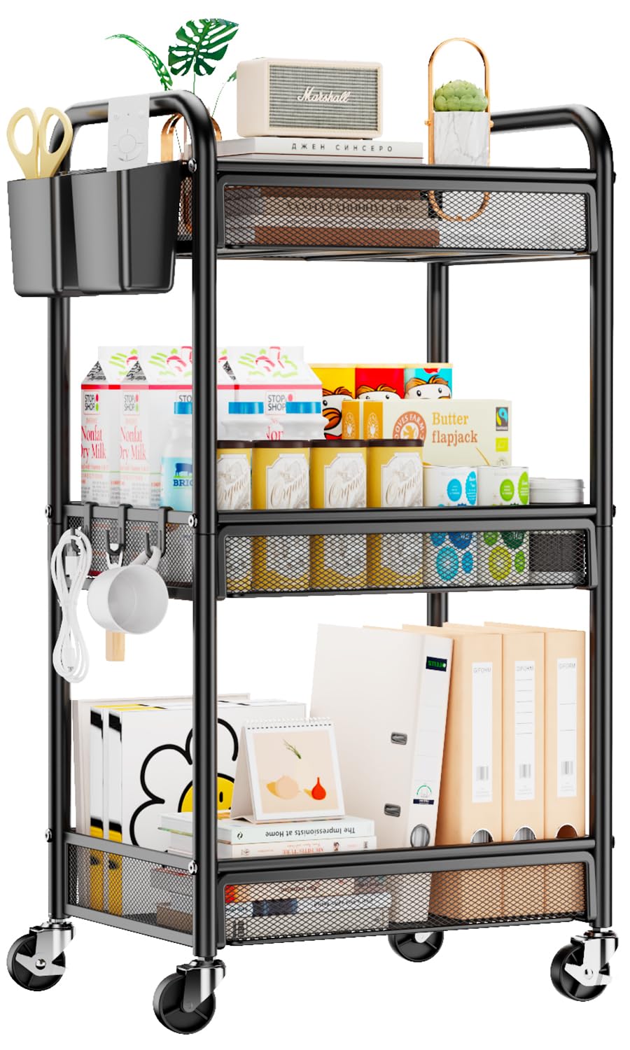 YASONIC 3 Tier Metal Rolling Cart, Black Utility Storage Cart with Wheels | Meta