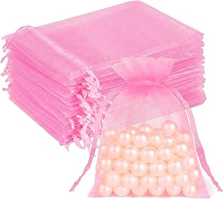 Crweety 50 Pcs Organza Bags 3x4, Pink Small Mesh Gift Wrap Set Drawstring | Use for Jewelry Candy Soap Treat Sachet, Mini Party Favor Goodie Pouch, for Wedding Baby Shower Birthday Halloween Christmas