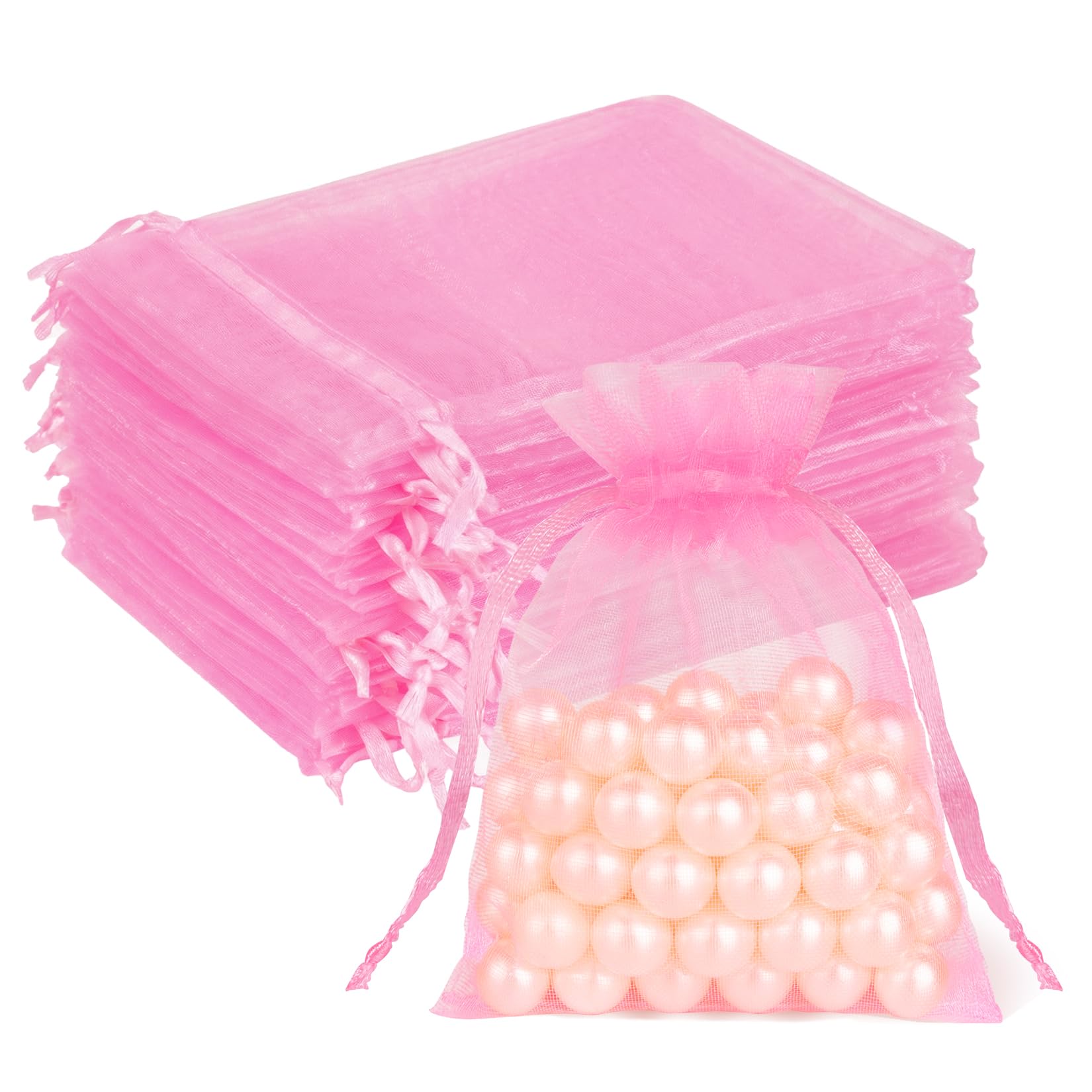 Crweety 50 Pcs Organza Bags 3x4, Pink Small Mesh Gift Wrap Set Drawstring | Use 