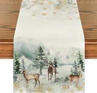 Watercolor Deer Tree Snow Christmas Table Runner Seasonal Winter Christmas Holiday Kitchen Dining Table Decor Indoor Outdoor Home Party Decor 13x72 Inch