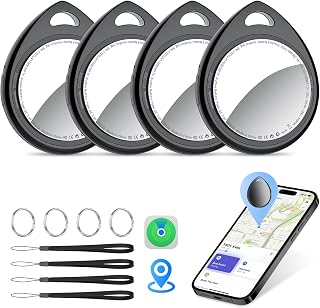 QCOQ Air Tags 4 Pack, Smart Key Finder Work with Find My (iOS Only) | 100dB Bluetooth Tracker, Smart Tag with Keychain/Lanyard, Item Finder for Luggage/Key/Suitcases, Replaceable Battery