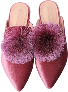 Fericzot Slip On Mule Backless Loafers Flats Puff Pompom Pointed Toe Casual Shoes Slippers