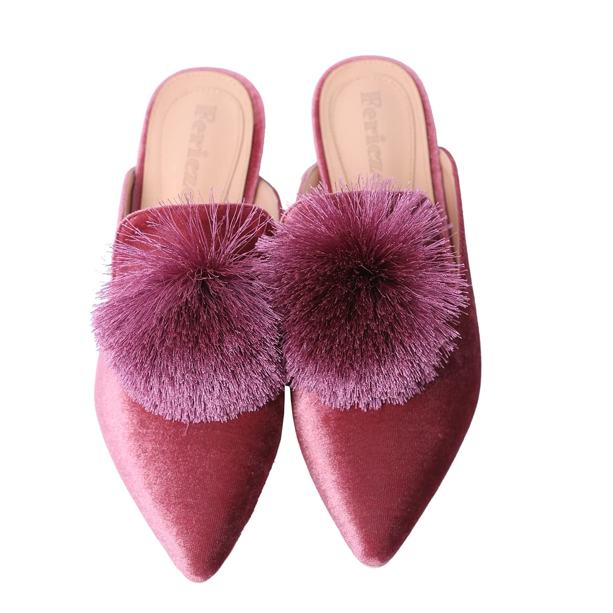 Fericzot Slip On Mule Backless Loafers Flats Puff Pompom Pointed Toe Casual Shoe