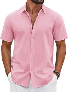 COOFANDY Mens Button Down Shirts Short Sleeve Casual Shirt Cotton Summer Beach Linen Wedding Shirts