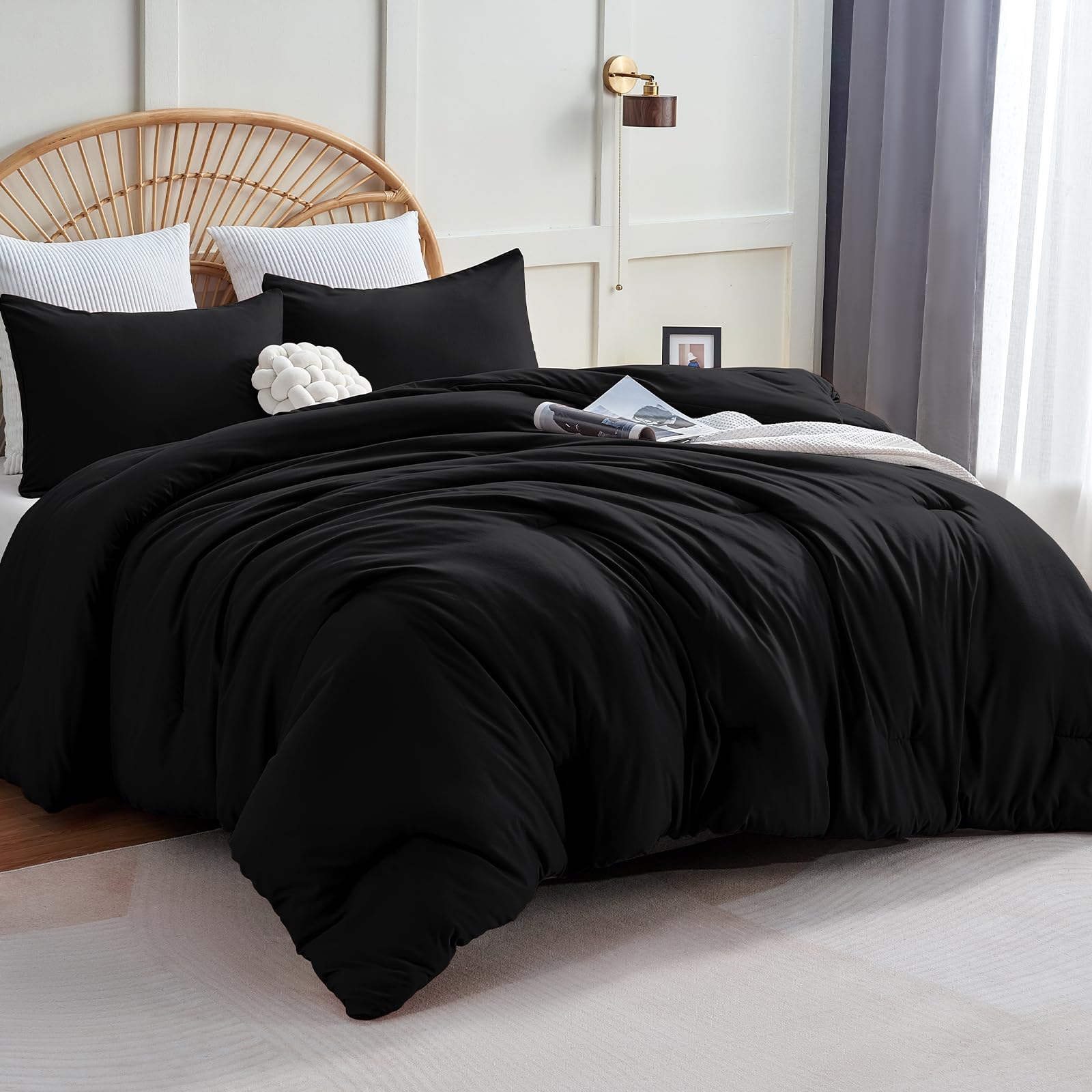 CozyLux Queen Comforter Set, 3 Pieces Down Alternative Bedding, Black | 270 GSM 