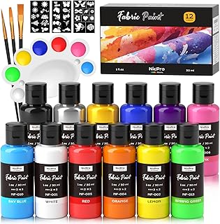 Nicpro 12 Colors Fabric Paint (1oz/30ml) with Brushes, Palette, Stencils | Permanent Soft Acrylic Fabric Paint Set, Non-Toxic Textile Paint for DIY Crafts, T-Shirts, Shoes, Jeans, Bags, Art Supplies