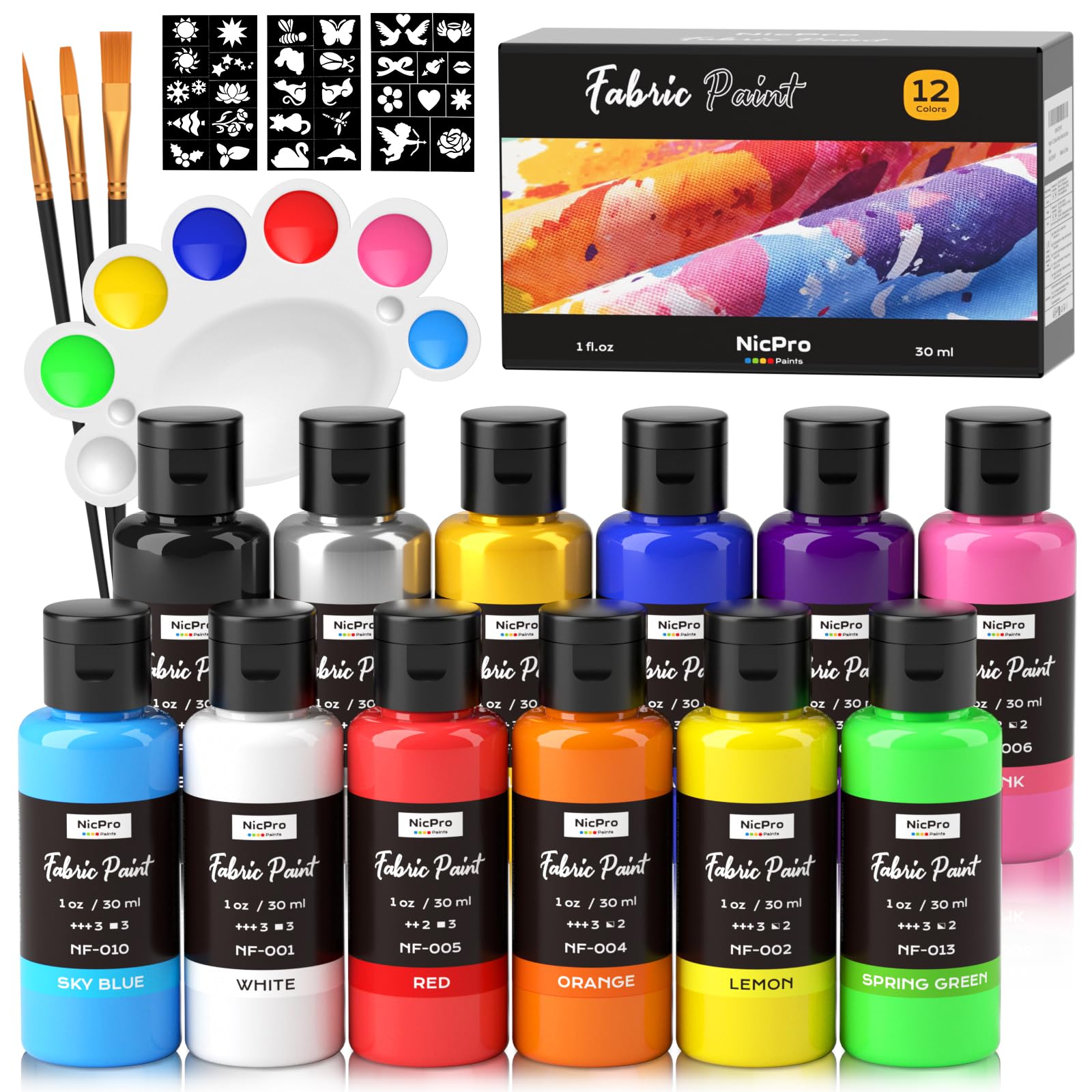 Nicpro 12 Colors Fabric Paint (1oz/30ml) with Brushes, Palette, Stencils | Perma