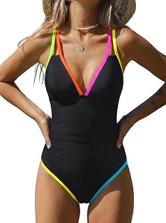 popvil Women One Piece Swimsuit 2025 Tummy Control Neon Color Block Swimwear Deep V Neck Slimming Swimsuit