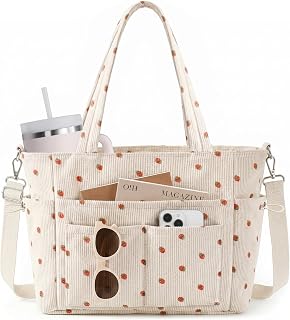 Prite Corduroy Tote Bag for Women, Multipocket Laptop Work Tote Purse