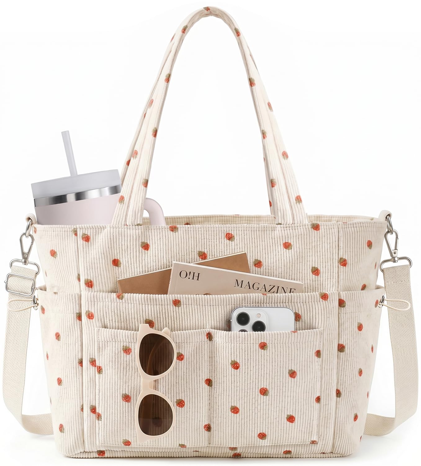 Prite Corduroy Tote Bag for Women, Multipocket Laptop Work Tote Purse