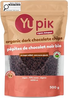 Yupik Organic Dark Chocolate Chips, 70% Cacao, 500 g, No Sugar Added, Gluten-Free, GMO-Free, Kosher, Vegan, Dairy-Free, Small Size, Rich Dark Chocolate, Melts Smoothly, Ideal for Snacking & Baking