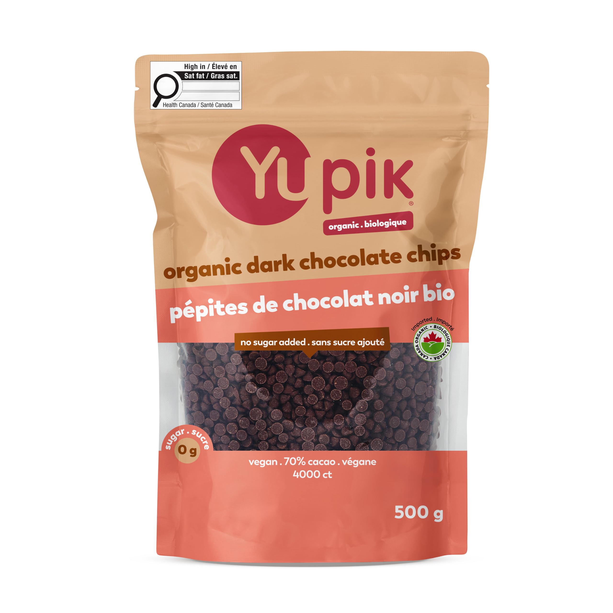 Yupik Organic Dark Chocolate Chips, 70% Cacao, 500 g, No Sugar Added, Gluten-Fre