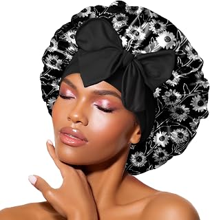 BONNET QUEEN Silk Satin Bonnet for Sleeping Sleep Bonnets Night Hair Wrap Adjustable Bonnet for Women Girls Wig with Stretch Tie Band Cosmetic Daisy