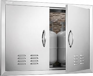 VEVOR Outdoor Kitchen Doors 30W x 21H Inch 304 Stainless Steel Double Doors | for BBQ Island, Grilling Station, Outside Cabinet, BBQ Access Flush Mount Door with Vents, 2 Detachable Handles and 6 Hooks