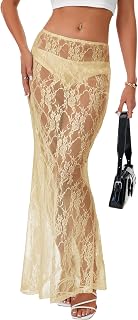 Rooscier Women's Lace A Line Sheer Maxi Skirt