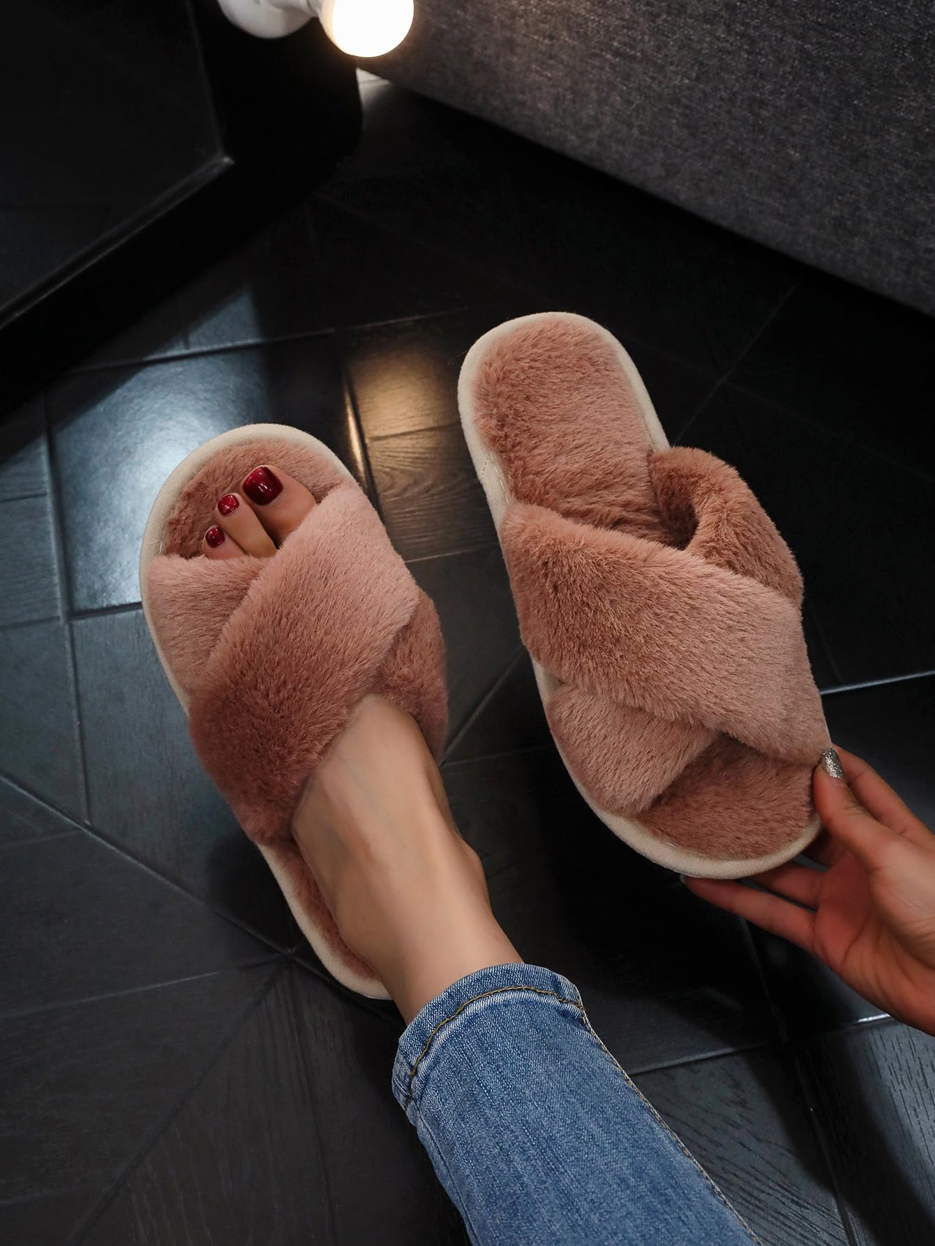 Womens Fuzzy Memory Foam Slippers Open Toe Indoor Outdoor Gifts