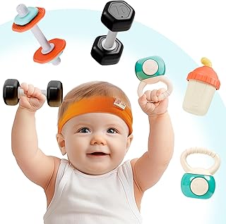 iPlay, iLearn 4PCS Baby Gym Rattle Toys, Newborn Shower Gifts 3-6-9 Months | Infant Sensory Teething Rattles, Babies Weight Set w/Dumbbell, Toddler Carseat Toy, First Birthday Gifts 4 5 7 8 10 12 Month