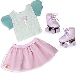 Our Generation 18-Inch Doll Clothes Scoopalicious Ice Cream Outfit Set | 4-piece outfit with top, pink ruffle skirt, and pink roller skates for pretend play fashion fun, fits 18-inch dolls, 3+ Years