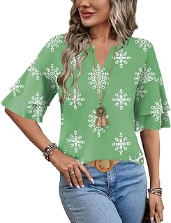 LOMON Top da donna con volant a maniche corte camicette moda scollo a V t-shirt elegante casual 3/4 manica campana t-shirt primavera estate vestiti
