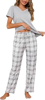 Bresdk Pyjamas Women Winter Cotton Pyjamas Set Short Sleeve Tops with Long Plaid Pants Sleepwear with Pockets S-3XL
