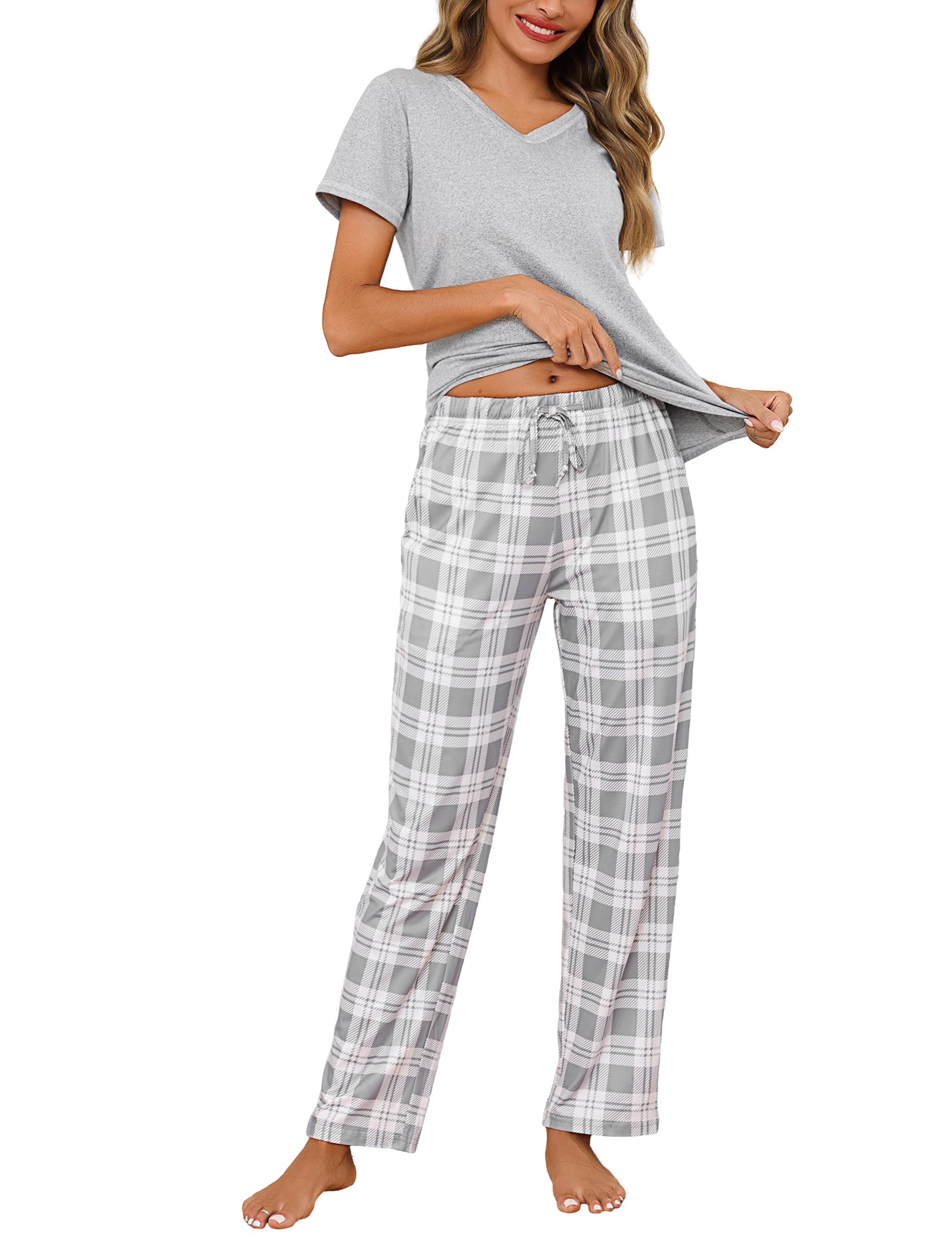 Bresdk Pyjamas Women Winter Cotton Pyjamas Set Short Sleeve Tops with Long Plaid