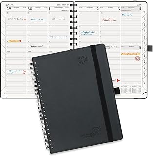 POPRUN Agenda 2026-2027, 6.5'' x 8.5'' Weekly Planner, Daily Calendar Book | July 2026-June 2027 Academic Appointment Book with Hourly Time Slots, Monthly Tabs, 100GSM, Spiral Leather Cover - Black