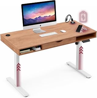 hjh OFFICE Schreibtisch Worktime Style 120x60 cm – Elektrisch höhenverstellbarer Arbeitstisch mit Memoryfunktion, Steh-Countdown, USB-Hub, Schublade & Ablagefächern, Eiche/Weiß