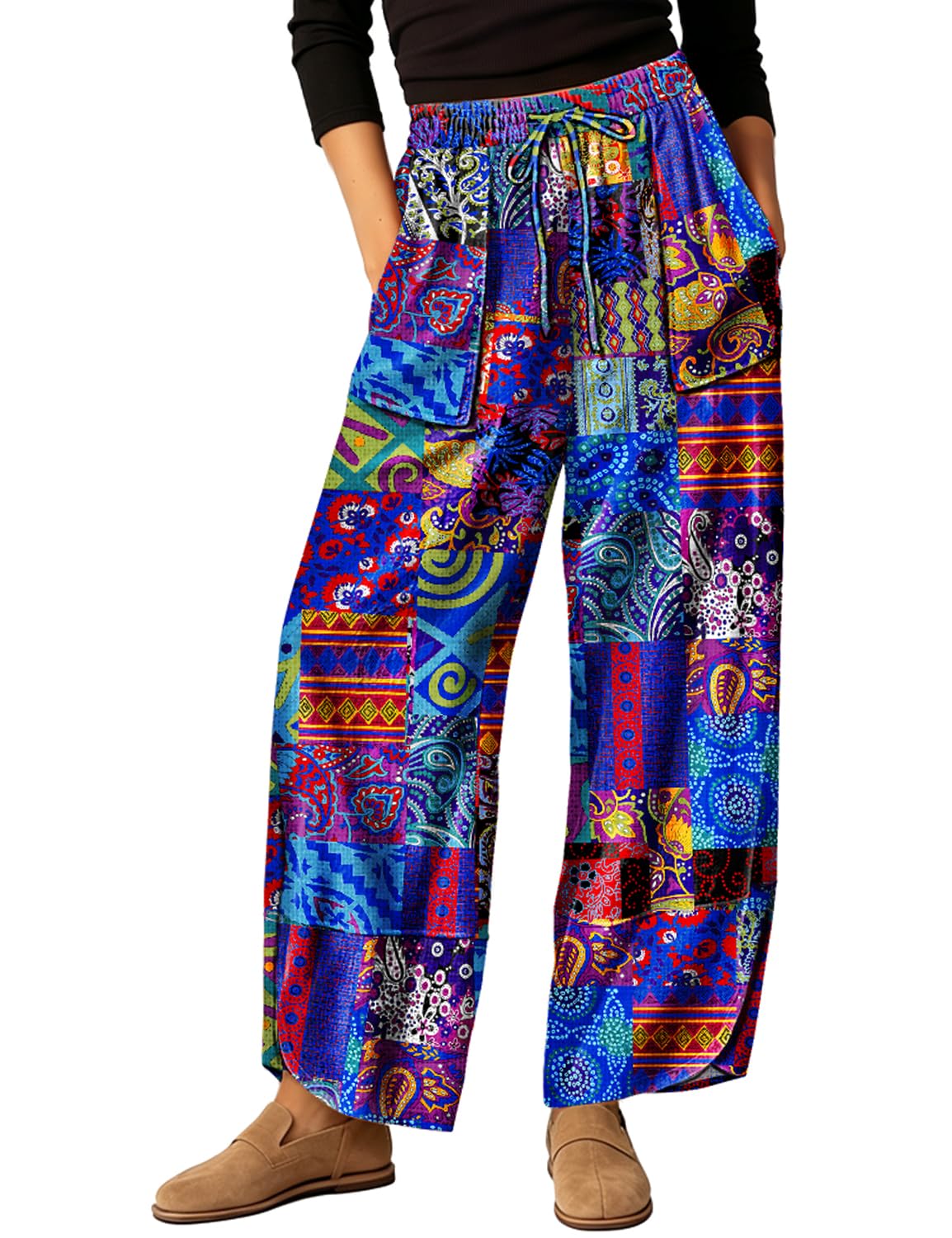 YESNO Women's Wide Leg Cotton Pants Floral Barrel Trousers PHB