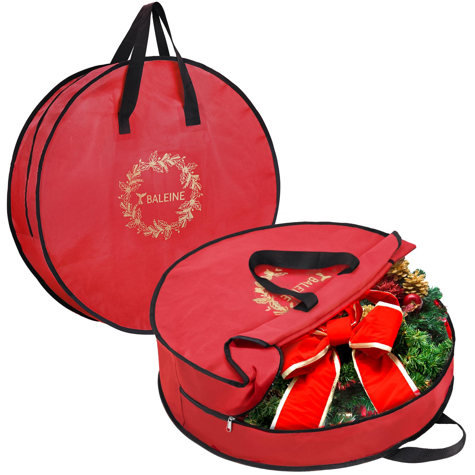 BALEINE 2 Pack Wreath Storage Container, Christmas Wreath Storage Bag with Reinforced Handle for Holiday Xmas (Red, 36"X8")