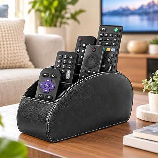 Remote Control Organizer with 5 Compartments, PU Leather Desk Storage Organizer for TV, DVD, Blu-Ray, Media Players and Heating Remote Controls