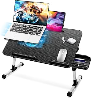 ICARE Bed Table, Laptop Table with Portable Refrigerator, Tablet Stand and Drawer, Folding Table, Adjustable Height and Angle, Tray for Bed, Sofa, Floor (53 x 30 cm, Black)