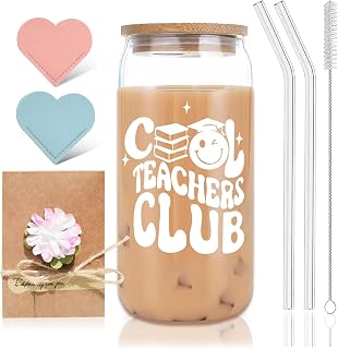 Teacher Gifts for Women, Teacher Cup Gift Set with 16oz Glass Cup, Lid and Straw, Cool Teacher Club Design, Heart Bookmarks and Greeting Card for Teacher Appreciation, Birthday or Thank You