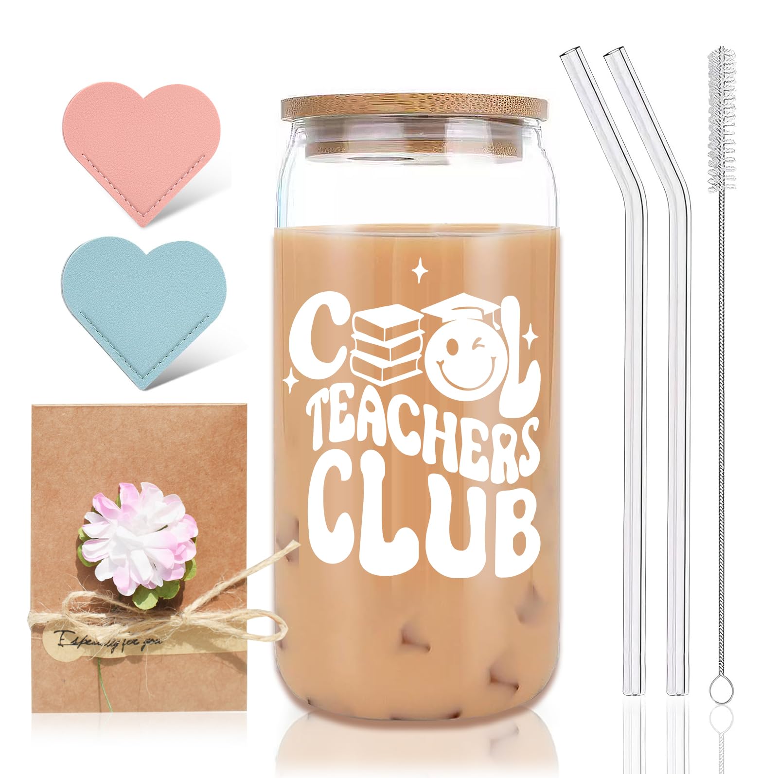 Teacher Gifts for Women, Teacher Cup Gift Set with 16oz Glass Cup, Lid and Straw