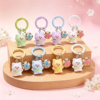Cat Keychain with Flowers and Bell Shape Resin Keychain Bag Decoration Pendant Creative Gifts for Women Random Color