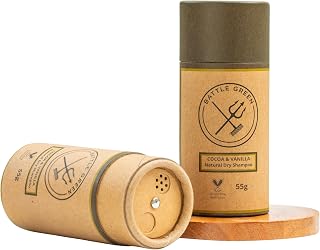 Battle Green Natural Dry Shampoo Powder 55g Tube (Cocoa and Vanilla) | For Dark Hair | Vegan Friendly | Refillable | Handmade in the UK