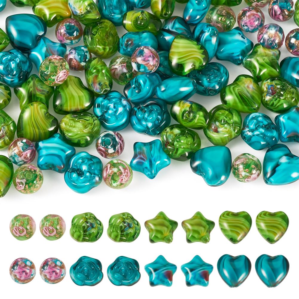 80pcs Millefiori Round Lampwork Glass Beads Star Heart Shaped Pink Loose Beads f
