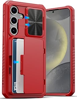 ATATOO for Samsung Galaxy S24 Case with Card Holder (Store 4-5 Cards) & Slide Lens Cover & Kickstand, [Military Grade Drop Protection], Hard Silicone Wallet Case for Samsung S24 6.2" 2024, Red