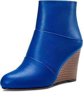 HDEUOLM Women's High Wedge Heel Closed Round Toe Ankle Boots 8.5 cm Heels Slip-on Zip Cute Shoes