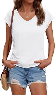 Womens Summer Casual Loose Fit T-Shirts Cap Sleeve V Neck Tops