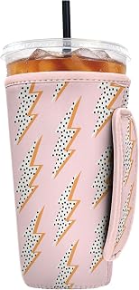 Reusable Insulated Neoprene Iced Coffee Sleeve with Handle, Coffee Cup Holder for Hot & Cold Drinks, Universal Fit 16–32oz Cups, Bottles & Tumblers - Pink Flash L