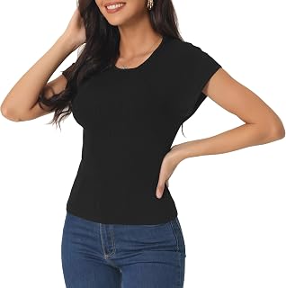 Women Blouse Short Sleeve Round Neck Knit Slim Fit Summer Basic Casual Blouse