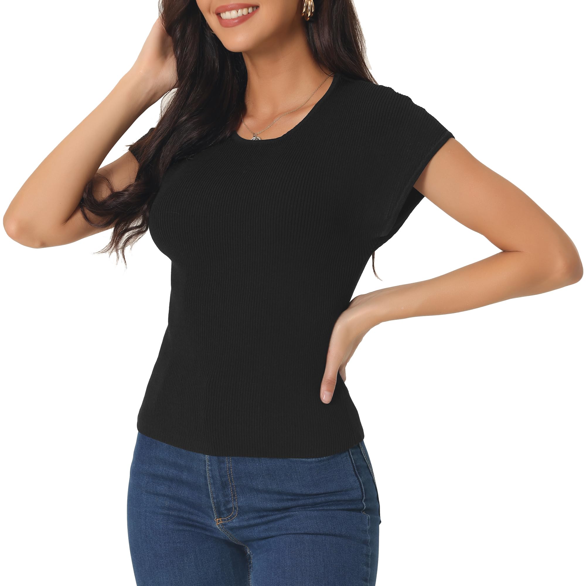 Women Blouse Short Sleeve Round Neck Knit Slim Fit Summer Basic Casual Blouse