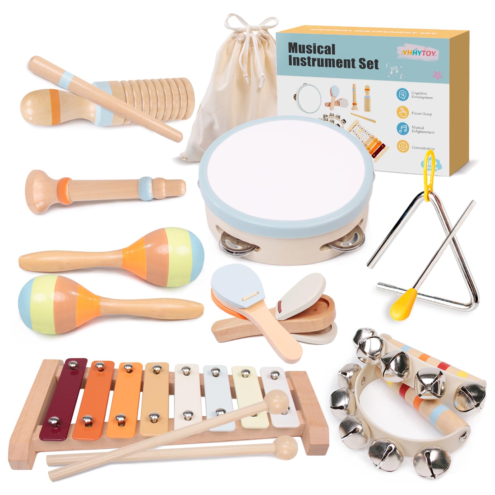 YHHYTOY Montessori Toys Wooden Baby Musical Instruments Set for Toddlers | 18 Mo