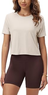 ODODOS Women's Performance Cropped Tee Ultra Soft odSTRATUM Tech Short Sleeve Relaxed Top Crew Neck T-Shirts