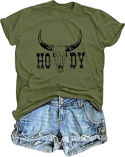 QAUN Cowgirl Shirts for Women Howdy Tshirt Western Bull Skull Summer Tops